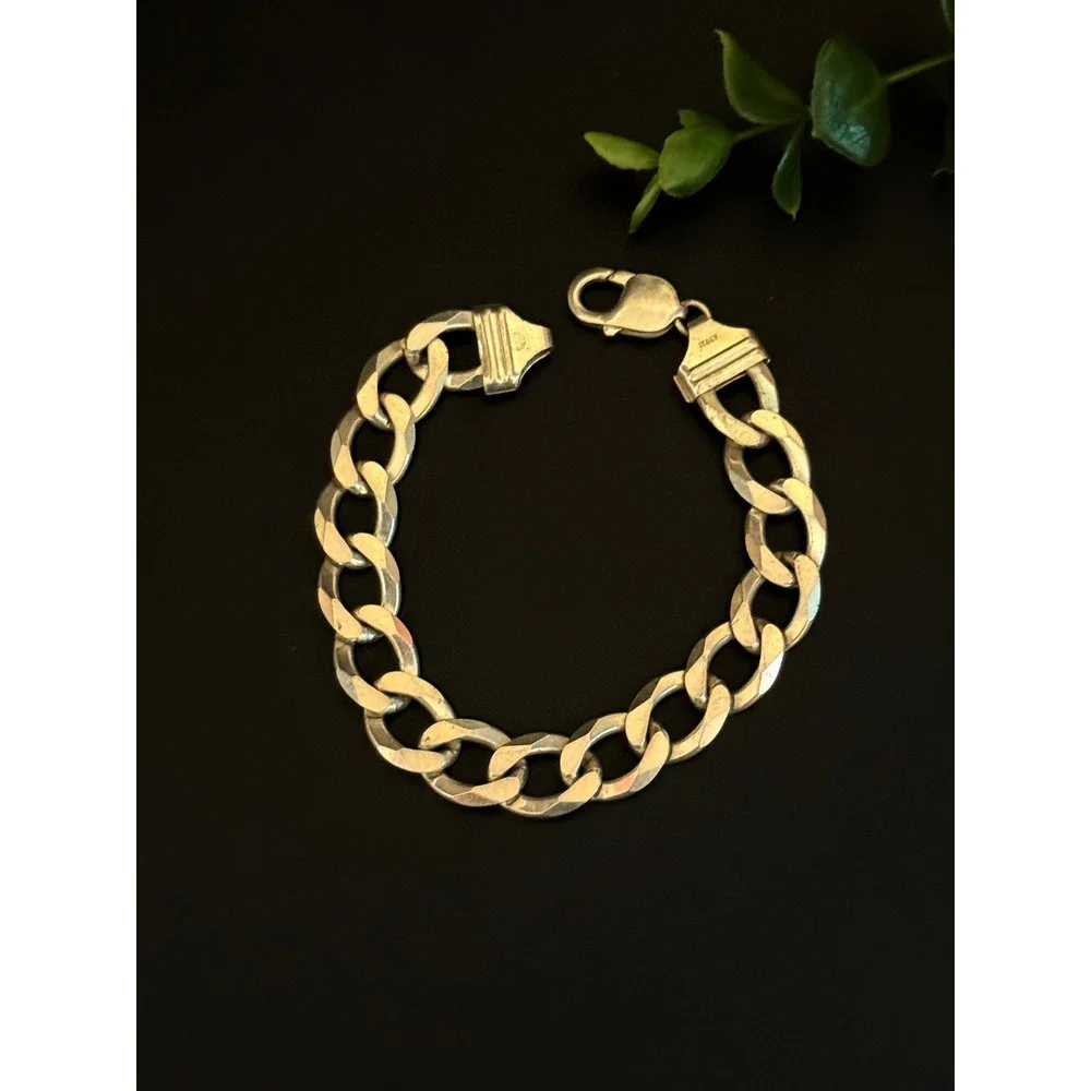 Mens Italy 925 Sterling Silver Curb Link Bracelet 12mm 8.25